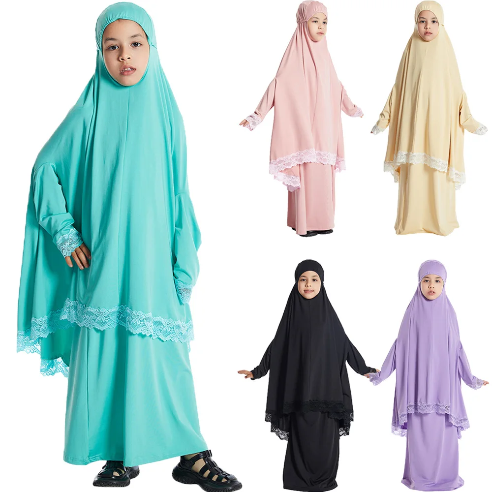 

2PCS Kids Girls Lace Set Traditional Clothing Muslim Prayer Garment Overhead Hooded Khimar Skirt Islamic Abaya Dress Eid Ramadan