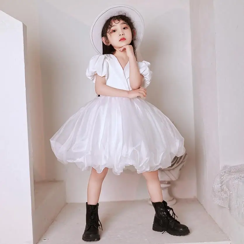 

Summer White Ceremony Gown Mesh Stitching Design Birthday Party Wedding Princess Christening Dresses For Girls Easter Eid A1513