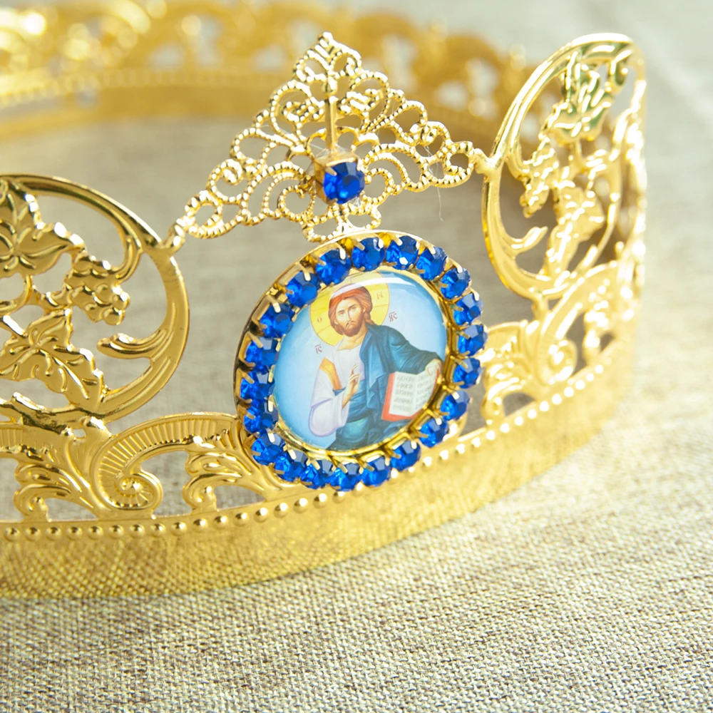 New Orthodox Wedding Crown Set with Gold Plating Enamel Icon and Filigree for Christian Marriage Ceremony Church Altar Decor