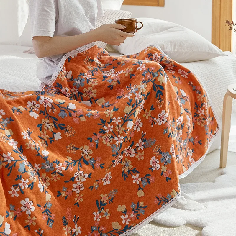 Patchwork Floral Cotton Bath Sheet Four Layers Gauze Lace Edge Lightweight Quick Dry Large Bath Towel