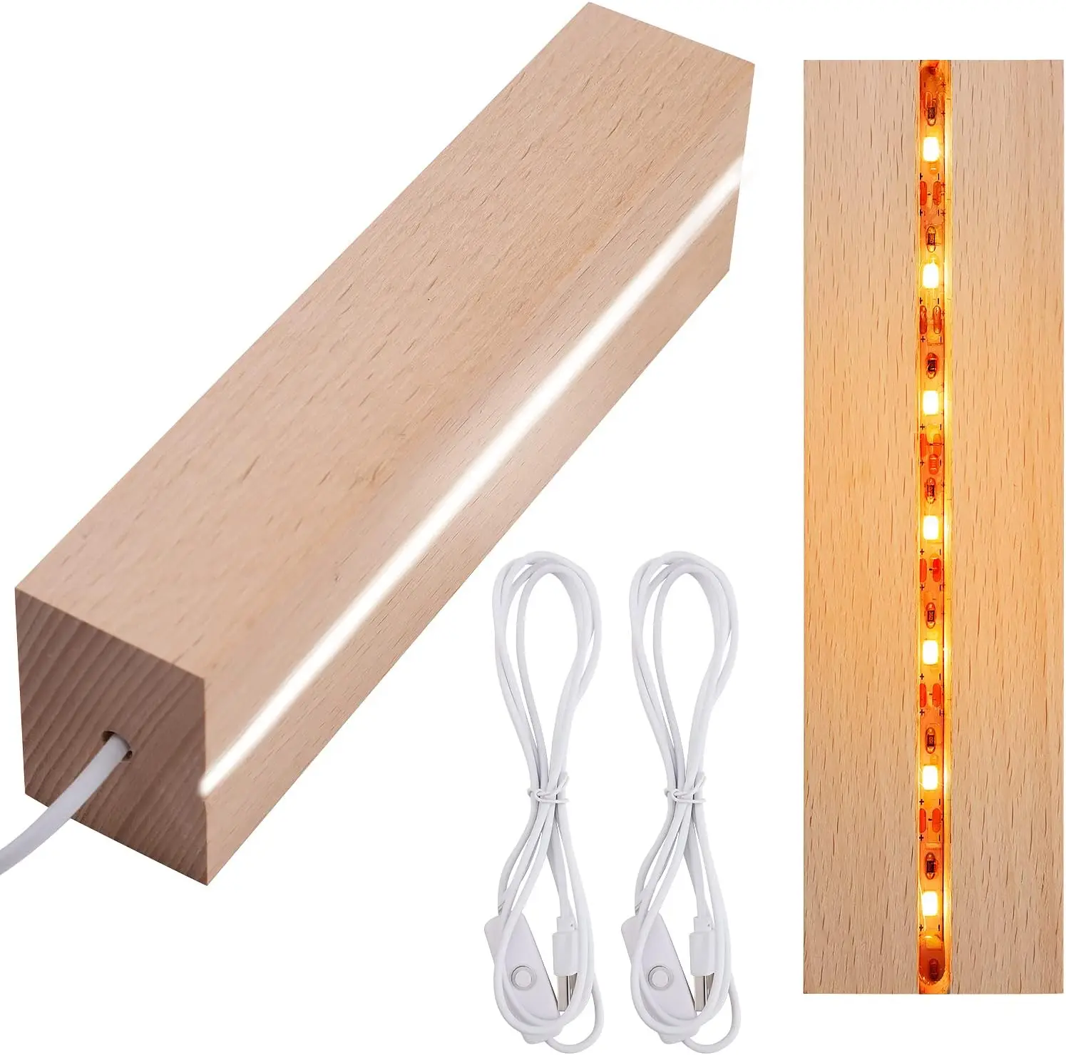 Wooden LED Display Base Stand for Acrylic Crystal Glass Resin Art DIY Night Light USB Switch White Warm Light Portable Decor