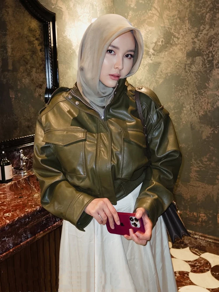 Jaqueta de Couro Cropped Casual com Lapela para Mulheres, Elegante, Manga Longa, com Zíper e Bolso, Jaquetas Curtas 2026, Moda Diária de Rua para Mulheres