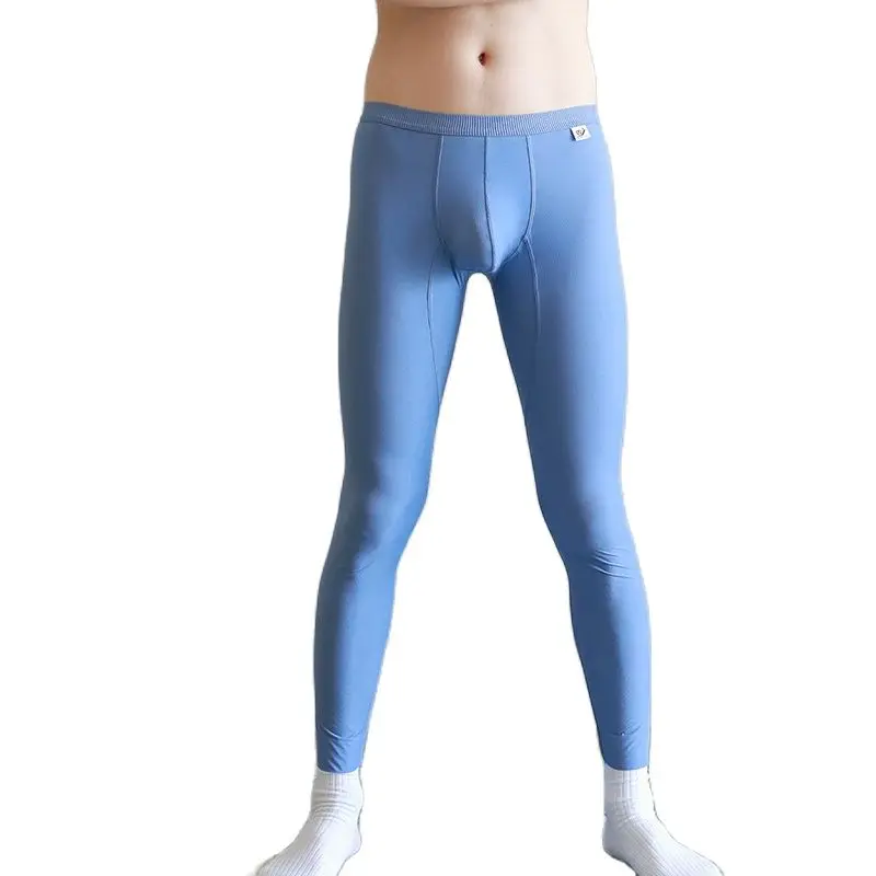 CLEVER-MENMODE Ice Silk Men Ultra-Thin Homewear Sexy Thermal Underwear Long Johns Pants Bulge Pouch Leggings Sleep Bottoms