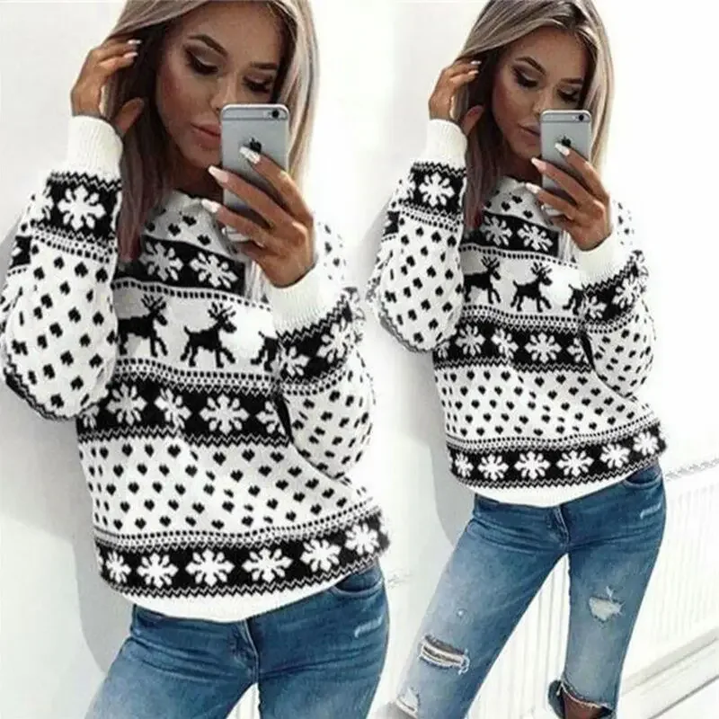 

Autumn and Winter Europe and the United States New Foreign Trade Sweater Cartoon Deer Print Christmas Round-necked Long-sleeved