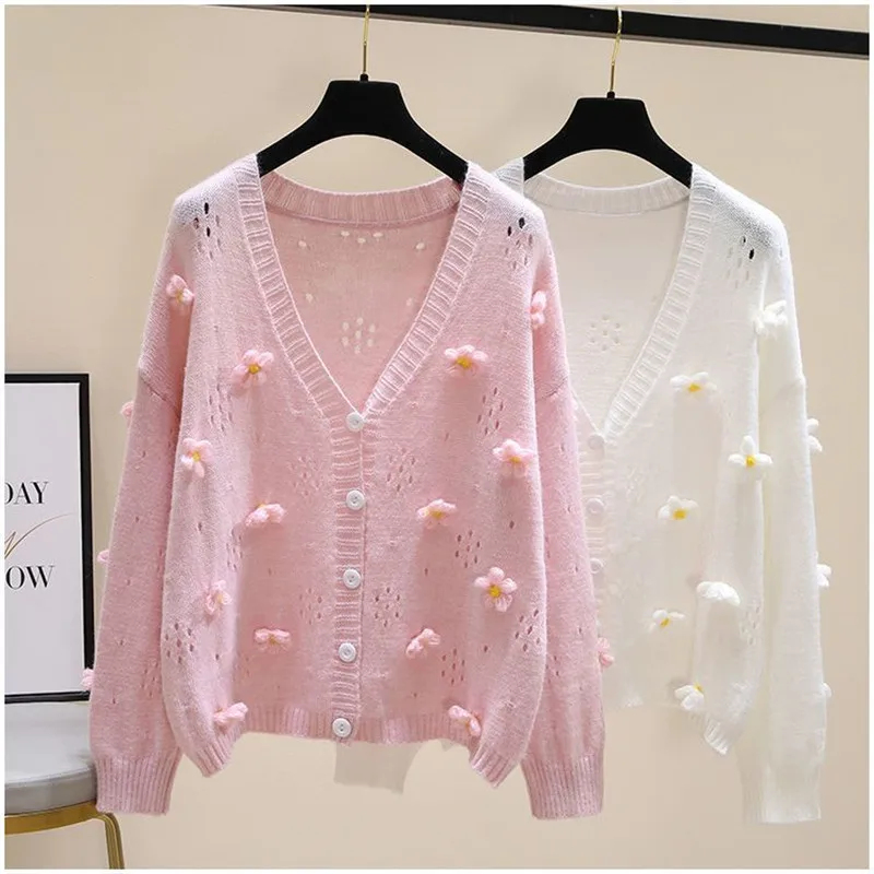 

Spring/Summer Flower Thin Knitwear Sweet Style Sweater Pink Loose Coat Pink Women's Clothing Korean Fashion Women Clothing Top