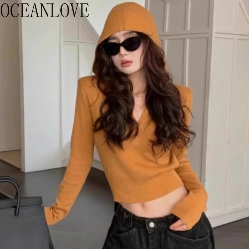 

OCEANLOVE Y2k Hooded Woman Sweaters Solid Autumn Winter Vintage Sexy Ropa De Mujer Korean Fashion Slim Short Pullovers