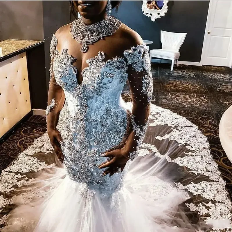 Personalizado plus size africano sereia vestidos de casamento sheer jóia pescoço ilusão mangas compridas pedras luxo rendas apliques nupcial