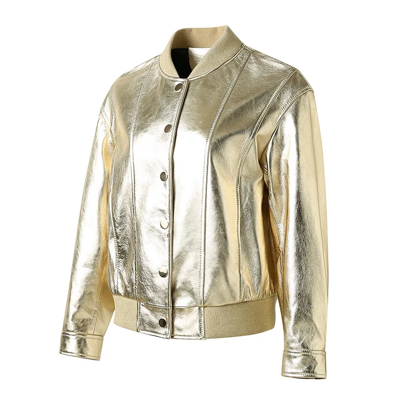 Chaqueta de piel de oveja auténtica para mujer, abrigo de motorista corto, reflectante, liso, de una sola botonadura, ropa de calle, invierno, 2024, GT5160