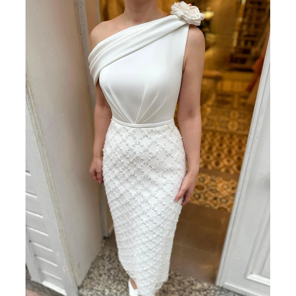 One Shoulder White Evening Dresses Sleeveless Ankle-Length Pleat Sequined Prom Gowns Special Occasion Luxury Dress For Women