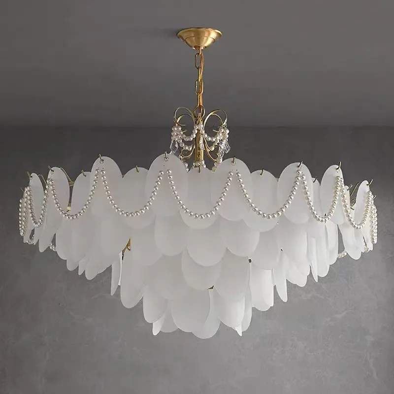 French Style Copper Chandelier with Glass Feather Pearl Design Luxury Lighting for Living Room Bedroom Restaurant Entryway