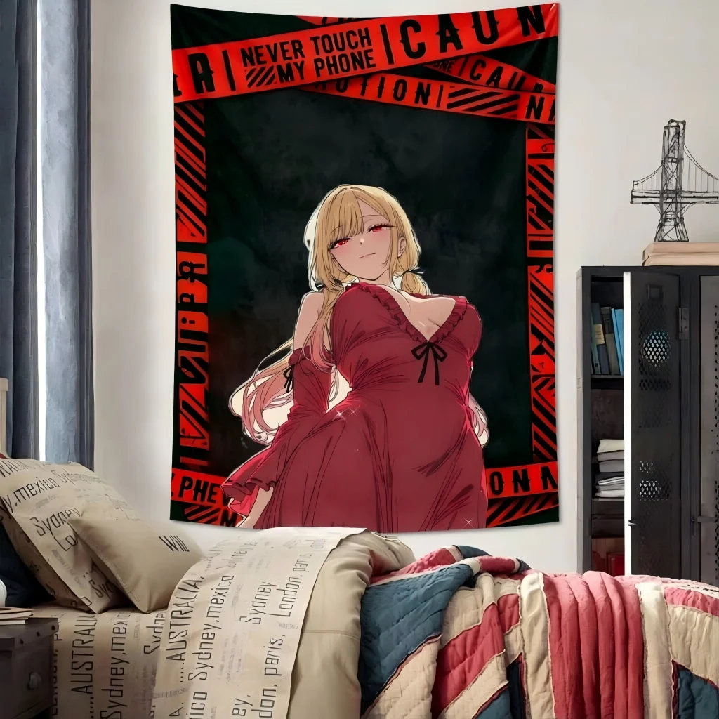 Grunge Dark Anime Girl Tapestry Blonde Twin Tail Red Dress Warning Tape Phone Print Wall Hanging Teen Girls Dorm Bedroom Decor