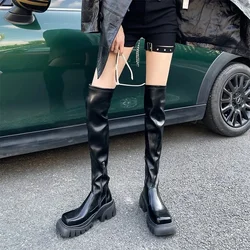 Sexy Black Leather Thigh High Boots Women Over The Knee Boot Square Toe Zipp Thick Sole Shoes Botas Mujer