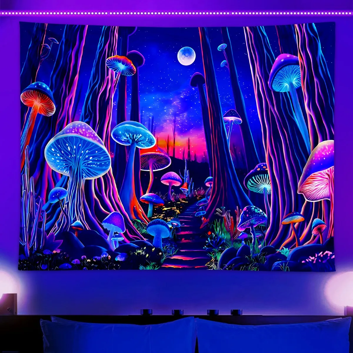 

2D Flat Printed Blacklight Magic Mushroom Forest Tapestry UV Reactive Trippy Neon Wall Hanging Peach Skin Bedroom Dorm Decor