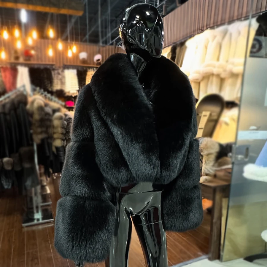 Women's Winter Jacket Genuine Fox Fur Jacket With Lapel Black Cropped Natural Fox Fur Fluffy Jacket  Short Real Fur Coat