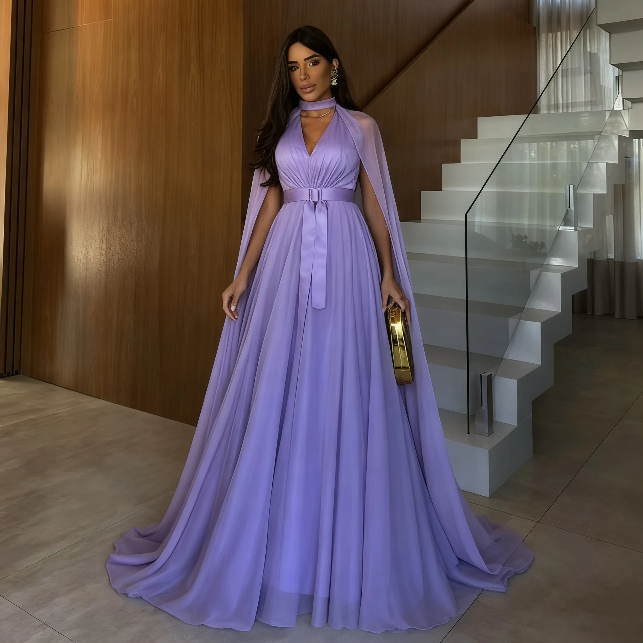 فساتين حفلات عربية سعودية مثيرة حسب الطلب بسيطة على شكل حرف a أرجواني للحفلات الراقصة على شكل حرف v ثنيات بدون أكمام بطول الأرض #2