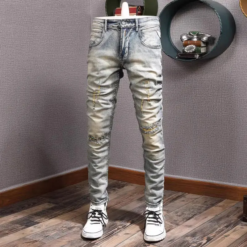 Fashion Vintage Men Jeans Retro Washed Elastic Slim Hole Ripped Jeans Men Embroidery Designer Patched Hip Hop Denim Pants Hombre