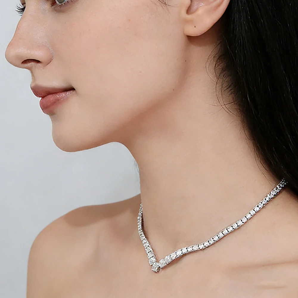 MUXIFC Full Moissanite Gradient Tennis Necklace for Women V-shape 925 Sterling Silver Choker with Certificate Fine Jewelry Gift