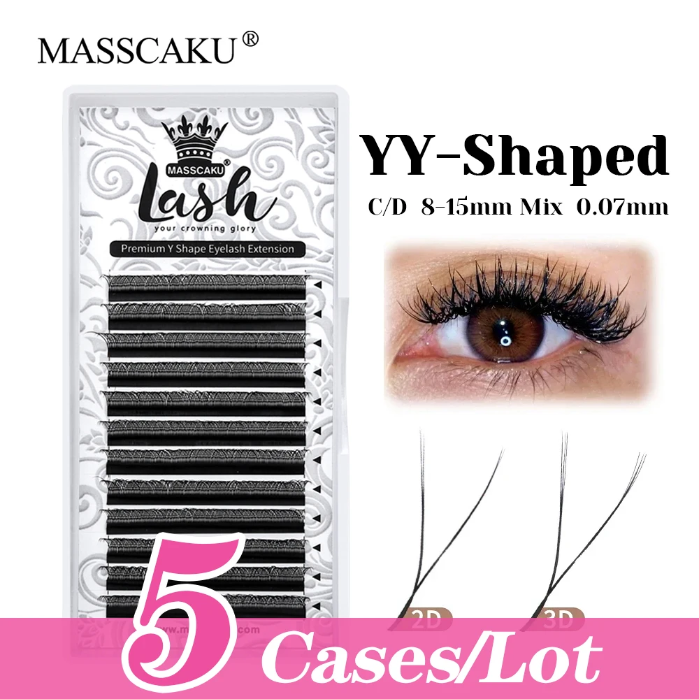 

Hot Sale MASSCAKU 5cases/lot C D Curl Three Split Tips YY Shaped Lashes 0.07mm Thickness Wispy Y Design Eyelashes Makeup Tools