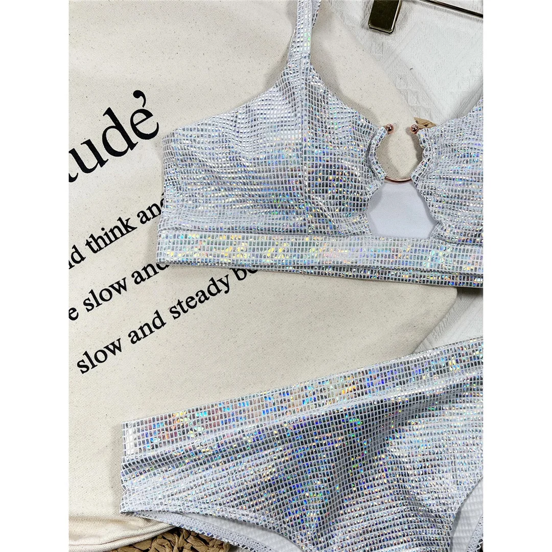 Neuer glänzender Bikini mit Pailletten, hoher Taille, Damen-Badeanzug, zweiteiliges Bikini-Set, gepolsterter Badeanzug, Badebekleidung, Modell V4213. – Detail 10