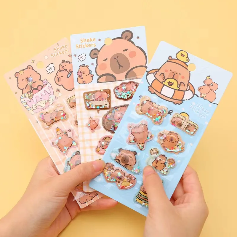 3Pieces Capybara Cartoon Children's Stickers Toys Shake Flashing Stickers Hellokitty Crystal Mobile Phone Stickers Decorative