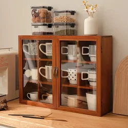 Solid Wood Vintage Tabletop Cup Storage Cabinet Home Restaurant Tea Set Storage Dustproof Mug Display Stand