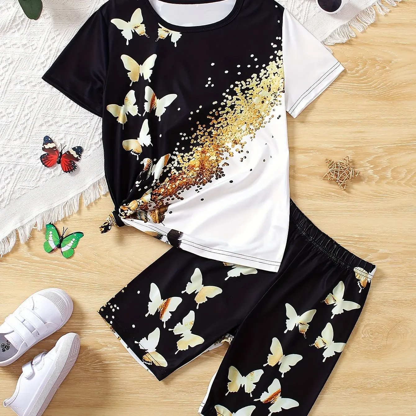 Children\'s Clothing Set for Girls Short Sleeve Girl Shorts 3D Butterfly Print Casual Girls Summer Clothes Pink Children\'s Sets