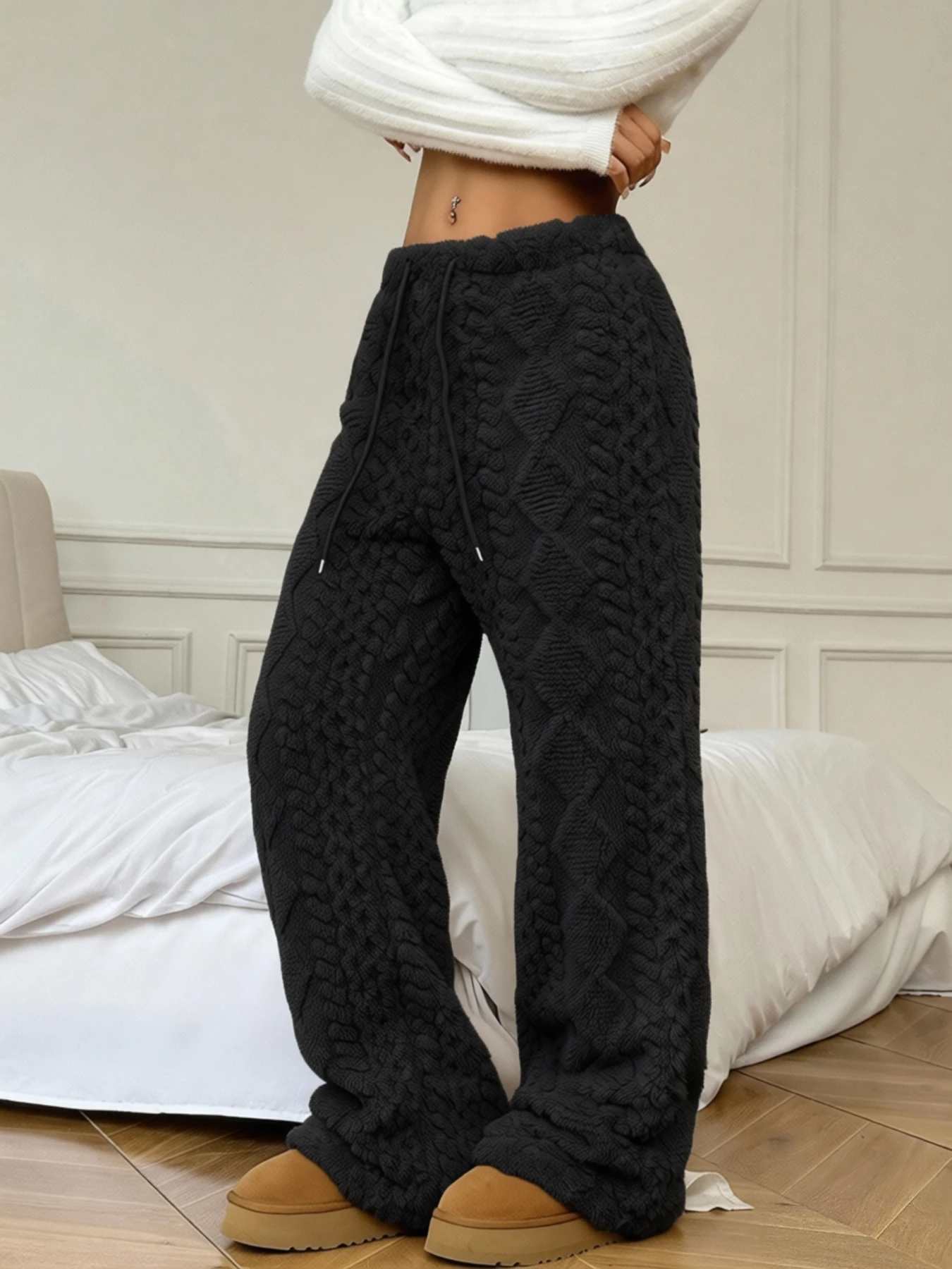 Knitted Wide Leg Pants Women Elastic Drawstring High Waist Textured Loose Trousers Casual Daily Home Street Wear