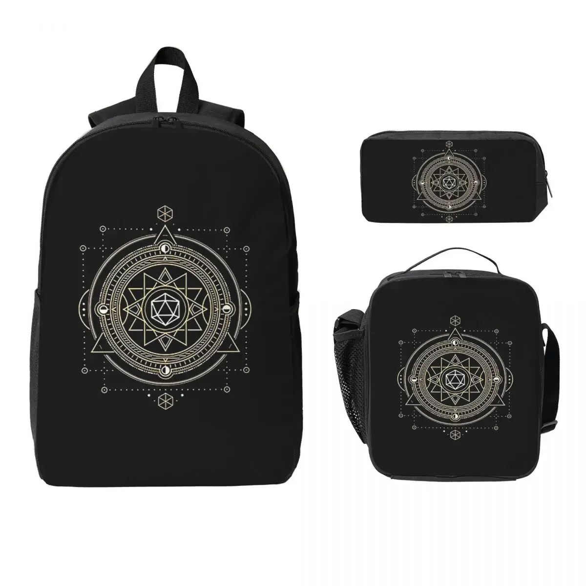 Polyhedral D20 Dice Sacred Symbol Of The Occulti Backpack Student BookBag School Bag 3ps Insulated Lunch Bag Pencil Case