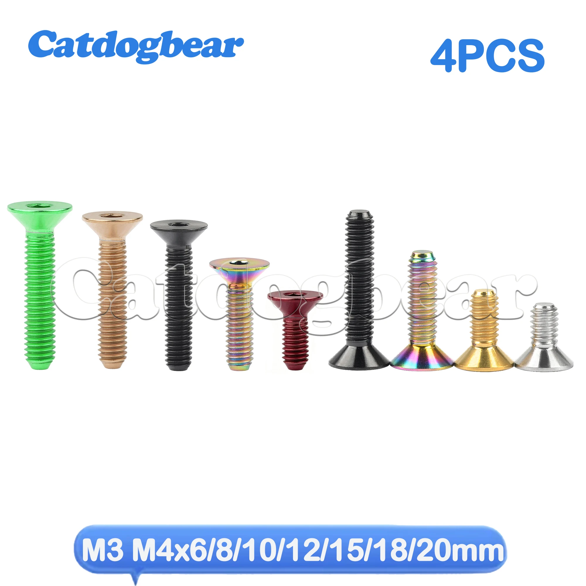 Catdogbear 4PCS Titanium  Bolts M3 M4x6/8/10/12/15/18/20mm Countersunk Hexagon Socket Head Ti Screw for Bicycle Bike dropsh