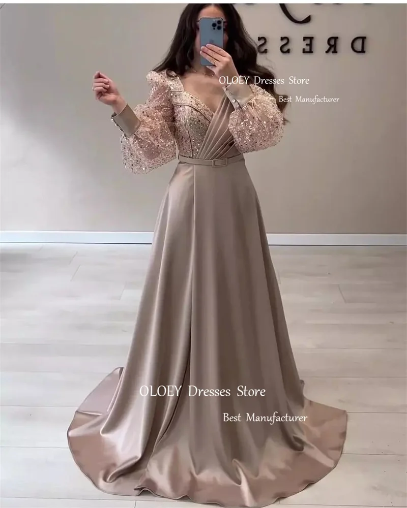 OLOEY Modest Dubai Arabic Women Glitter Evening Dresses Long Sleeves Blue Champagne Satin Prom Gowns Vintage Formal Party Dress