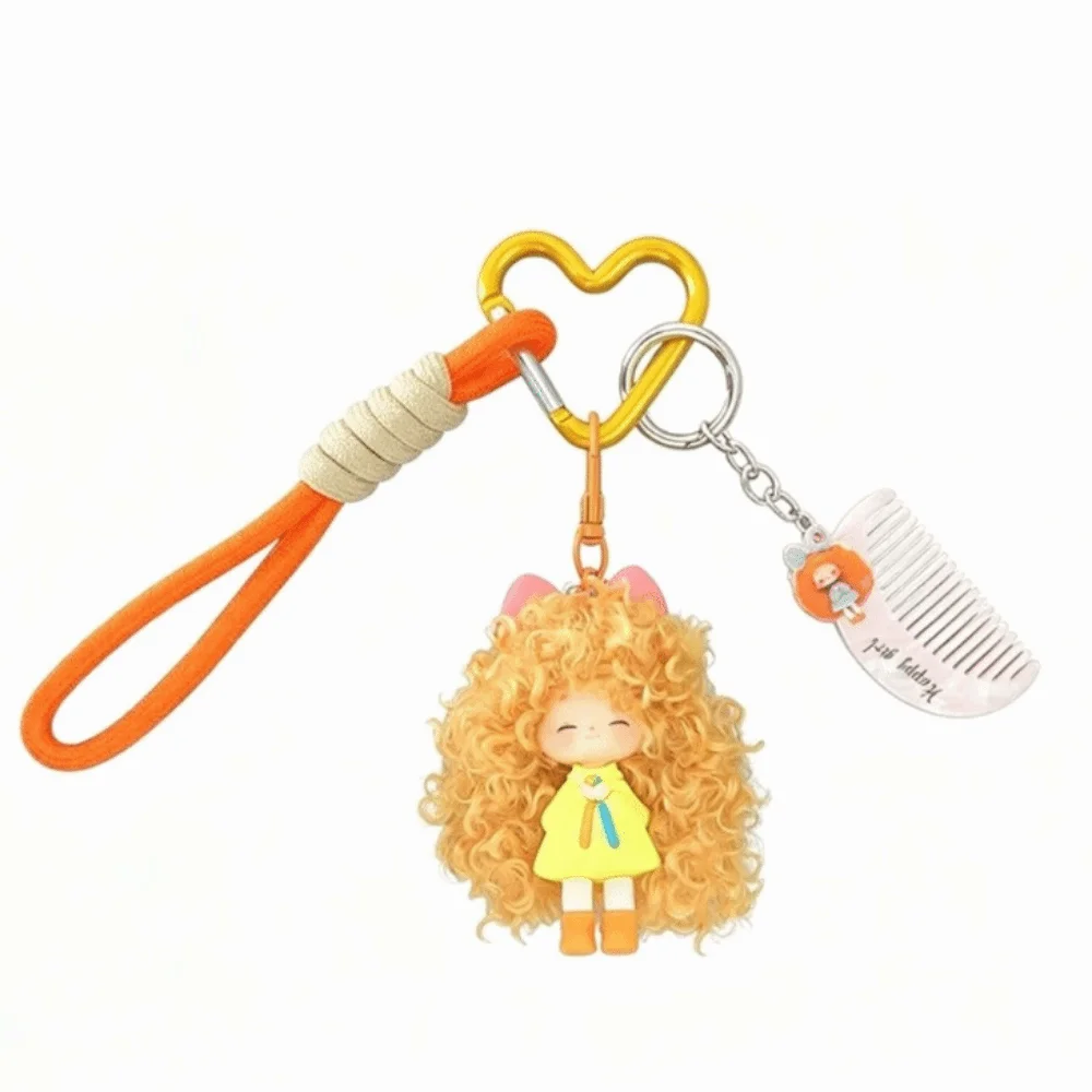 Soft Rubber Curly Hair Doll Keychain Hairbrush Pendant Multicolor Halyard Heart Keyring Colorful Fluffy Texture Bag Pendant