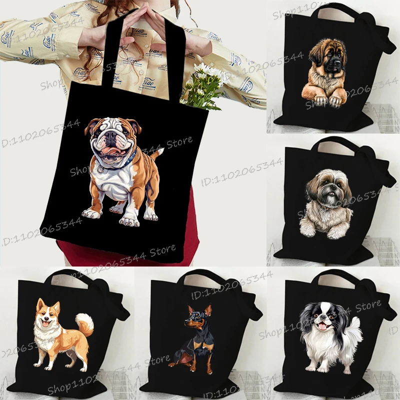 Divertido Animal amante de los perros bolso de lona Bulldog Shiba Inu Doberman Shih Tzu Animal Series bolsas de compras mujeres hombres bolsos