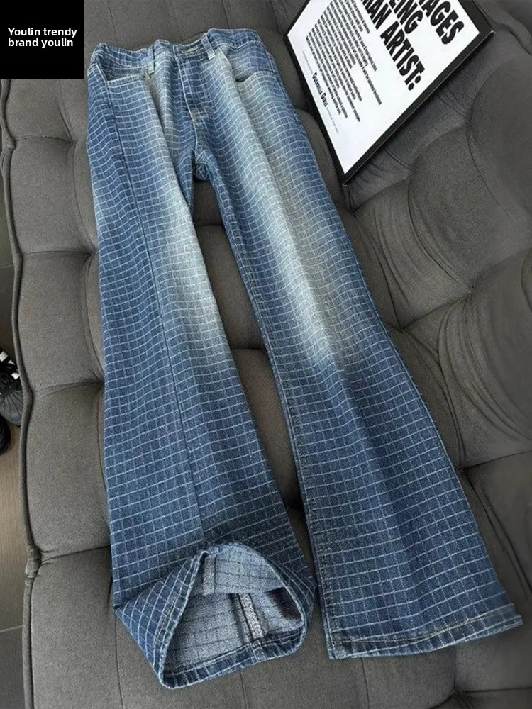 

Deep Blue Plaid Men's Denim Pants High Waist Vintage Style High Rise Micro Flared Trousers Trendy And Handsome American Retro