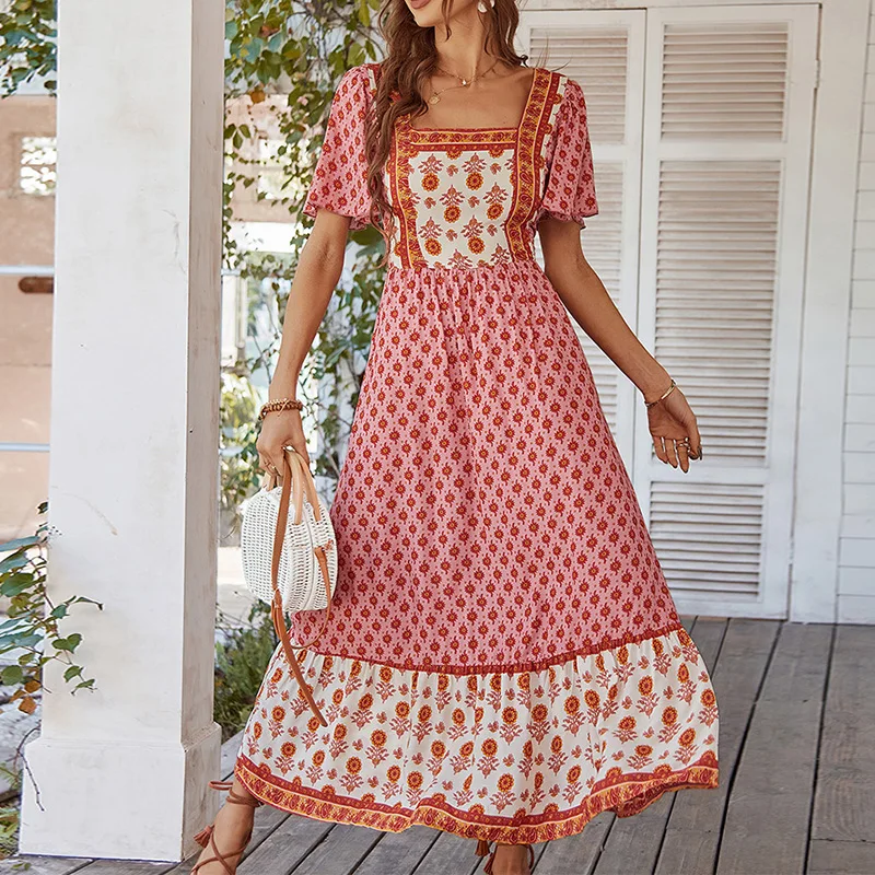 Vintage Boho Floral Damen Sommer Langes Kleid Sexy Quadratischer Kragen Druck Strand Sommerkleid Lässige Urlaub Böhmische Maxikleider