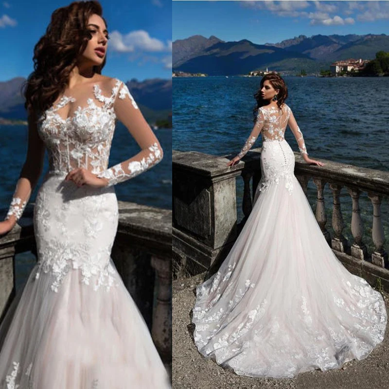 

Charming Long Sleeves Mermaid Wedding Dresses 2024 Lace Applique Scoop Neck Bridal Gowns Sweep Train Vestidos De Novia Custom