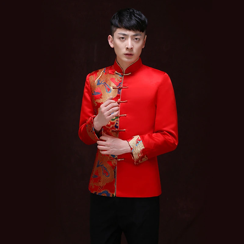 Tang Suit Red Traditional Chinese Clothing Men Hanfu Embroidery Top Dragon Print Vintage Satin Kungfu New Year Party Etiquette