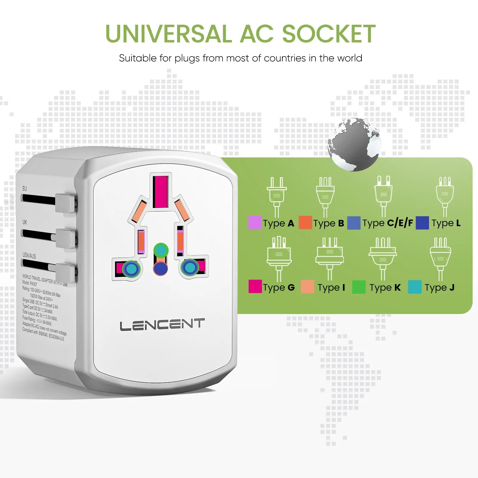 LENCENT 범용 여행용 어댑터, 미국 EU 영국 AUS 여행용 올인원 벽 충전기, 3 USB 포트 및 1 C타입