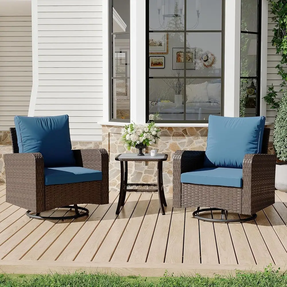 

Weather-Resistant 2-Piece Wicker Swivel Chair Set with Patio Bistro Table for Outdoor Balcony, Porch, Deck, or Backyard in Navy