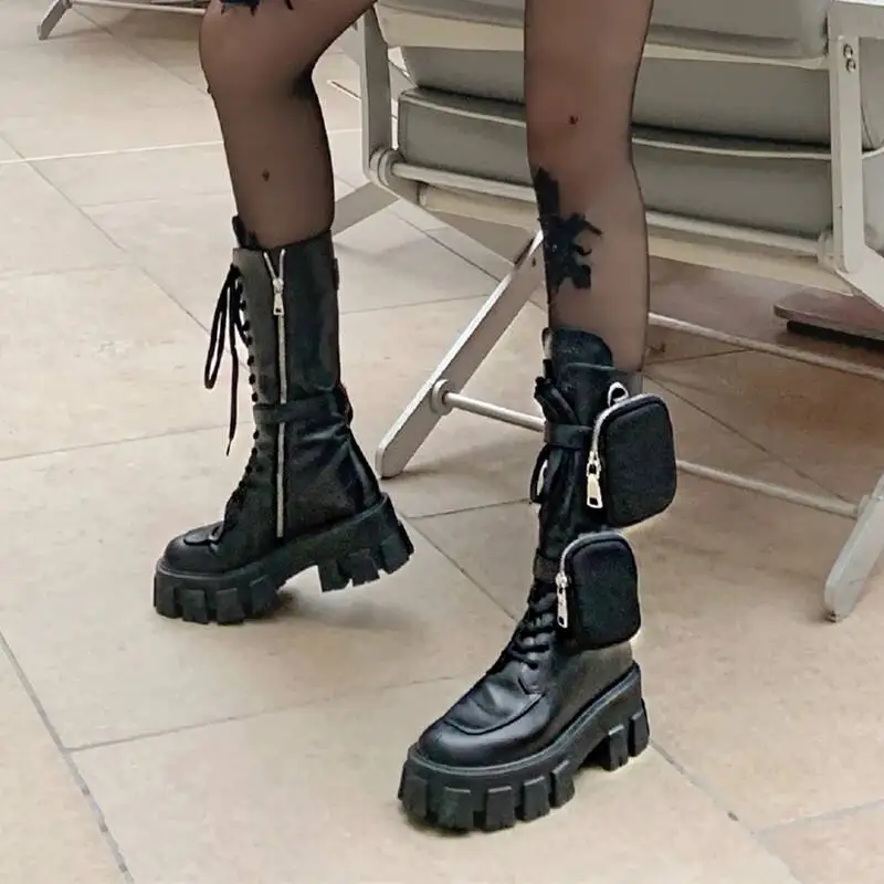NEW  Hot Sale Pocket Design Women High Boots Ladies Platform Motorcycle Boots Shoes Woman Flat Botas Mujer