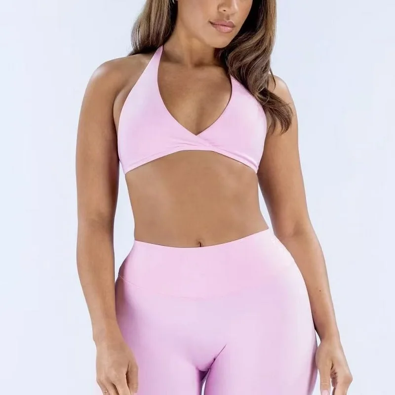 Gym Top Women Halter Neck Sports Bra Front Cross V‑Neck Padded Yoga Bra Soft High Elastic Breathable Workout Athletic Crop Top image 4