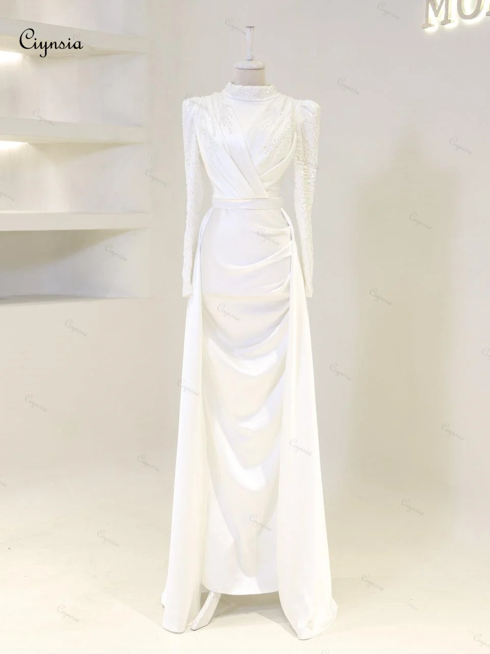 Ciynsia Abendkleider Islamic Muslim Evening Dresses Woman Elegant Mermaid Beaded Satin Long Sleeve Formal Dress Vestidos De Gala
