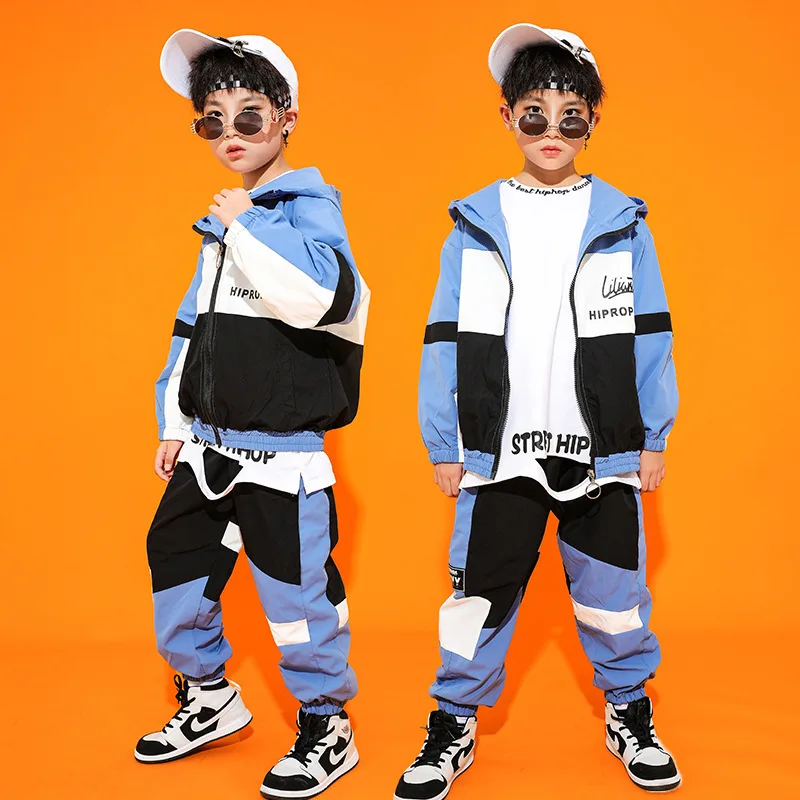 Kid Kpop Hip Hop Clothing Blue White Black Zip up Hoodie Jacket Casual Jogger Pants for Girl Boy Jazz Dance Costume Clothes Set