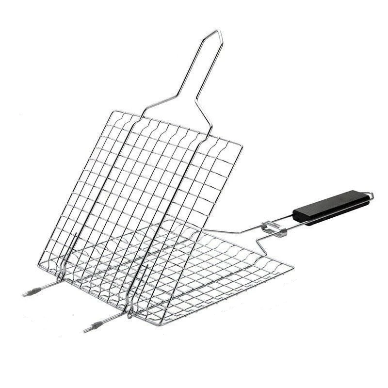 Square-Shaped Barbecue Net Stainless Steel Wooden Handle Steak Fish Outdoor Anti-Scald Folding Mesh Clip Kitchen Accessories