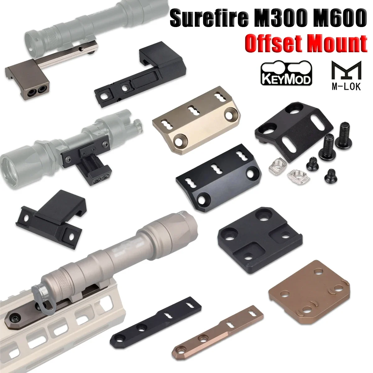 Taktyczny montaż offsetowy ARIS Series Surefire M300 M600 do szyny 20mm Mlok Keymod SMR, pasuje do M600B M951 M620 do latarki.