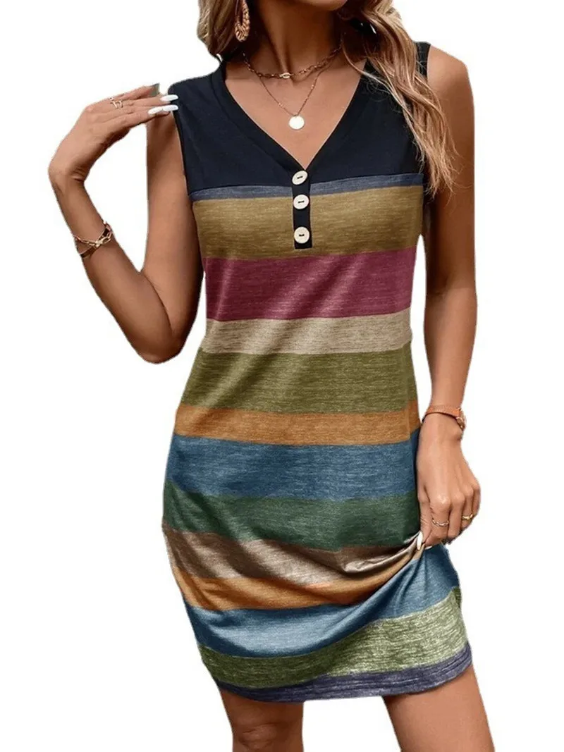 Women's Summer Sleeveless Dress Fashion Casual Striped Printed Mini Dresses Female V-Neck Button Party Dress 2024 Plus Size New