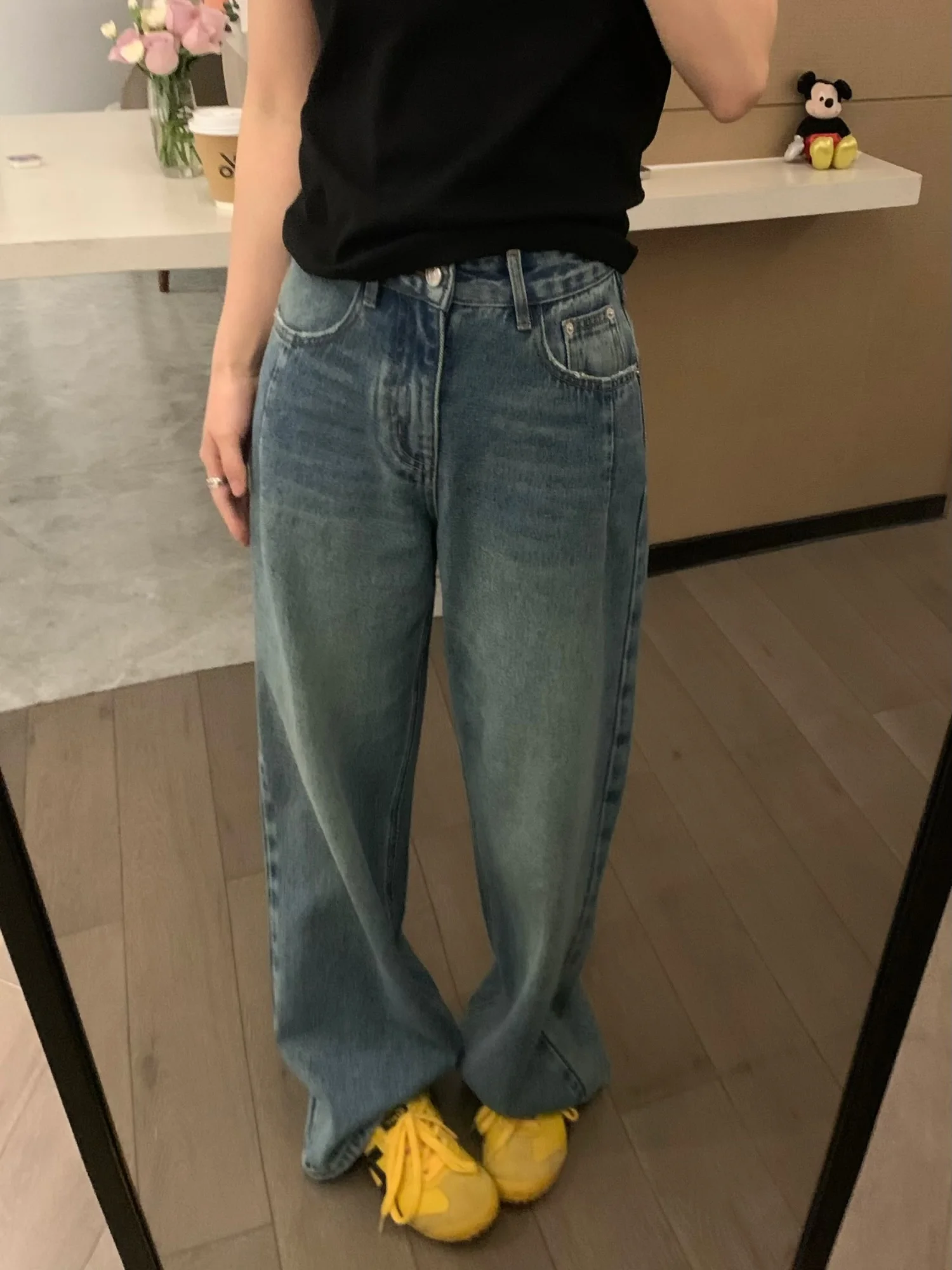 

VASSE Мягкие джинсы с высокой талией и широкими штанинами в стиле ретро, синие корейские повседневные джинсы прямого кроя, утягивающие джинсы с высокой талией