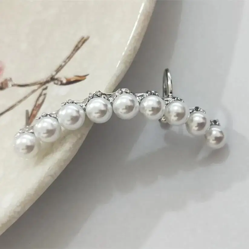 1PC Silver Color Trend Initation Pearl Ear Clip Earrings for Girls Women Crystral CZ Piercing Cuff Earings Wedding Party Jewelry