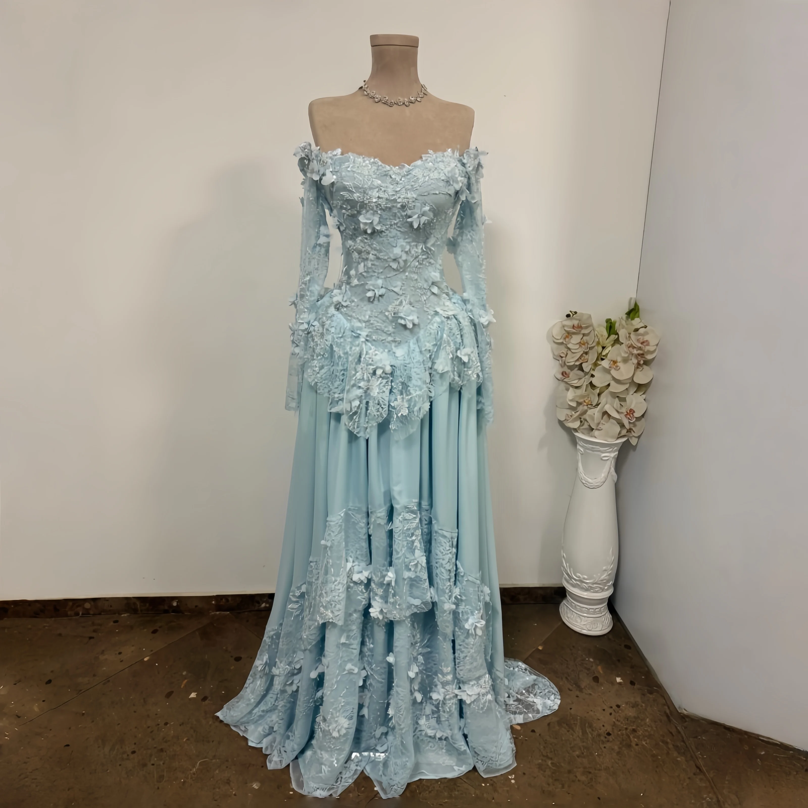 Elegant 3D Flowers Dubai Evening Dress Blue Long Sleeves Women Wedding Party Gown Off Shoulder Ruffles Formal Gown Customized