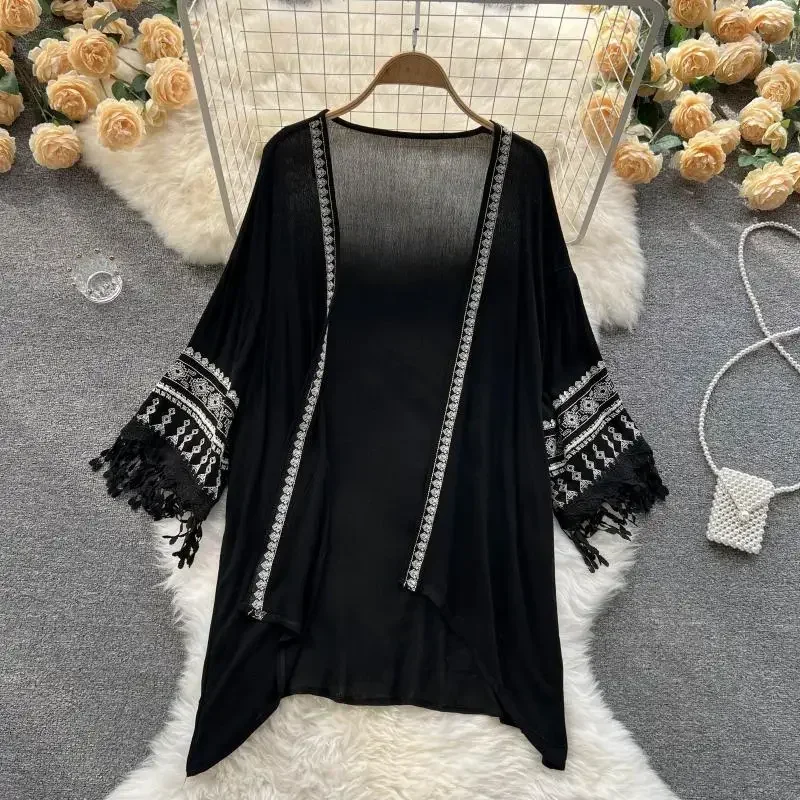 Summer Bohemian  Cover Up Poncho Women Pareo Beach Kimono Long Fashion Embroidery Cardigan Tassel Chiffon Shirt ED1881