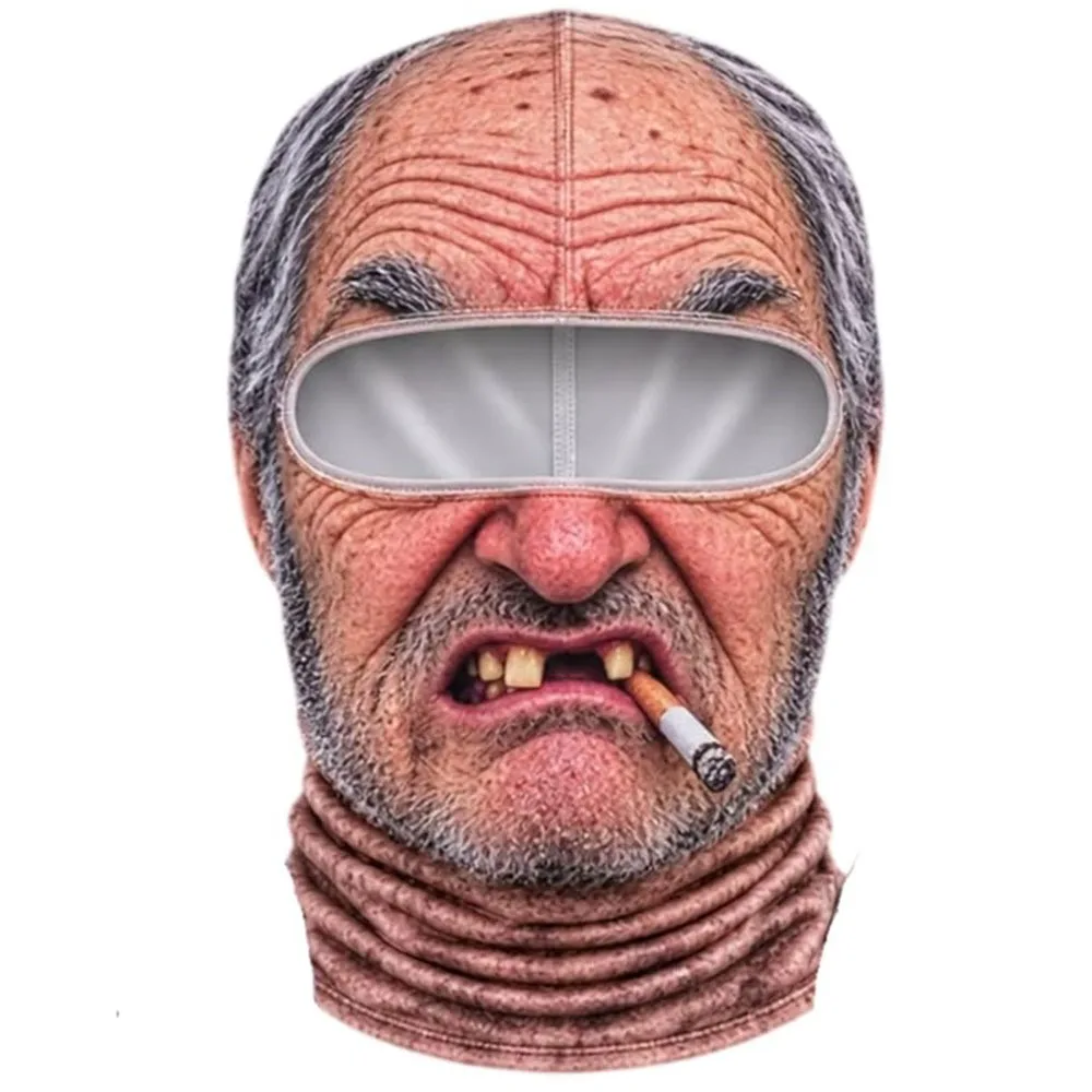 3D Face Printed Old Man Balaclava Face Mask Elderly Man White Mustache Funny Ski Mask Full Coverage Breathable Eye Hole